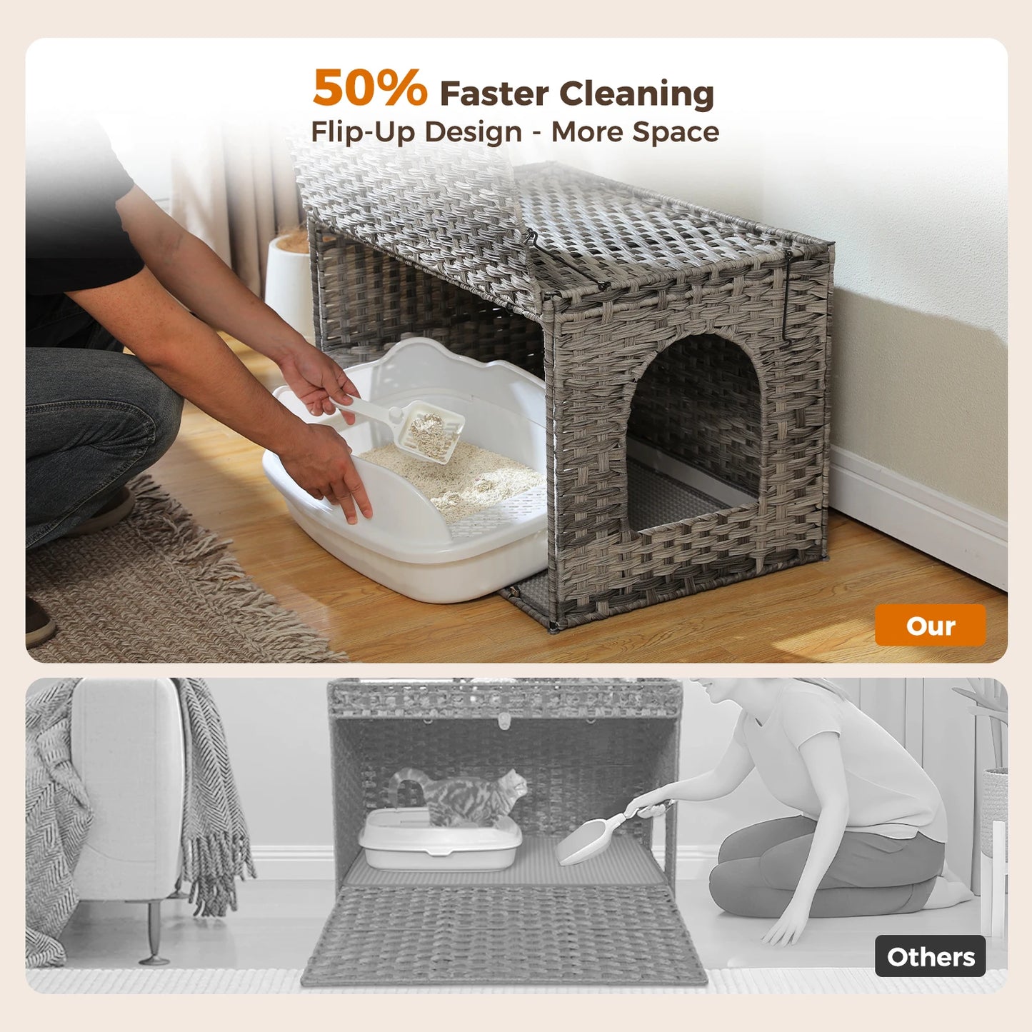 Rattan cat litter box enclosure by mypawbloom with taller doorway, stylish natural rattan design for discreet pet litter storage