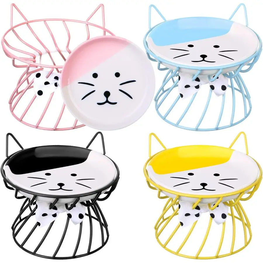 Four elevated ceramic cat bowls with metal stand by mypawbloom, designed for feeding cats comfortably and stylishly.