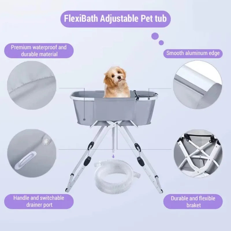 mypawbloom elevated dog bath tub for grooming, featuring a sturdy design and non-slip surface for comfortable pet bathing.
