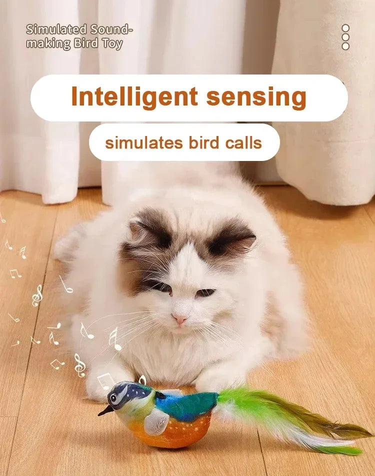 Rechargeable chirping flapping bird plush toy for cats, touch-activated squeak and catnip from mypawbloom, soft and interactive pet toy.