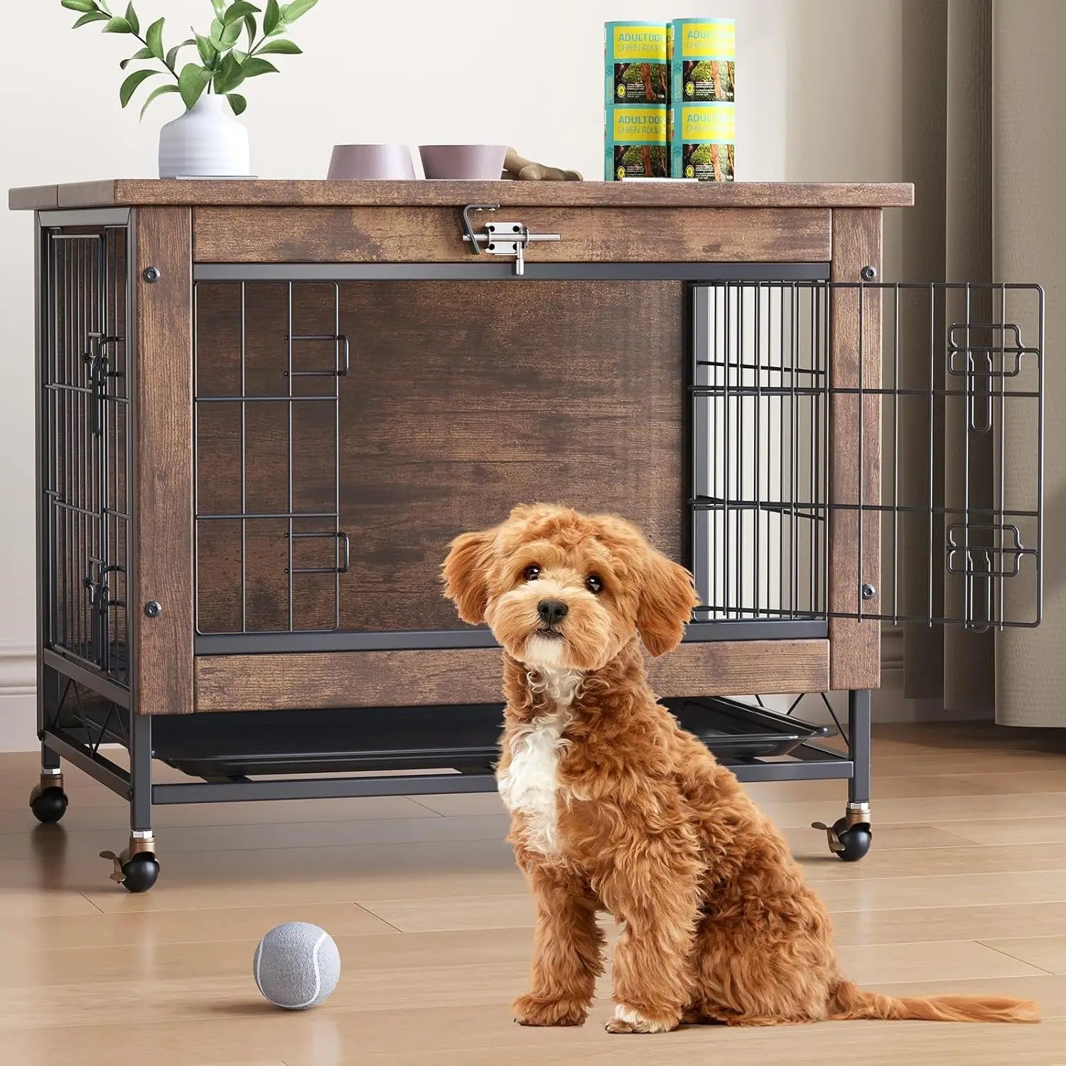 Rustic dog crate furniture with wheels by mypawbloom, featuring wooden construction and a stylish design for pet comfort and home decor.
