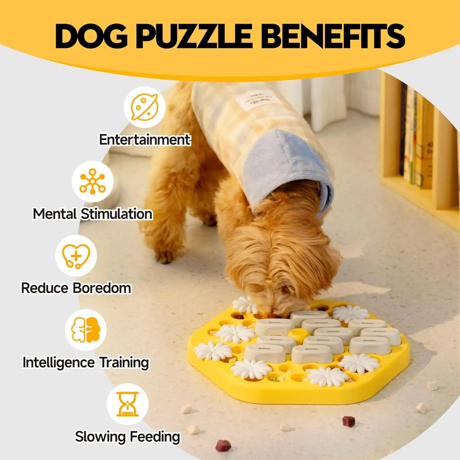 Mypawbloom dog puzzle toy designed as a slow feeder for dogs, with colorful, interactive compartments to challenge and entertain pets.