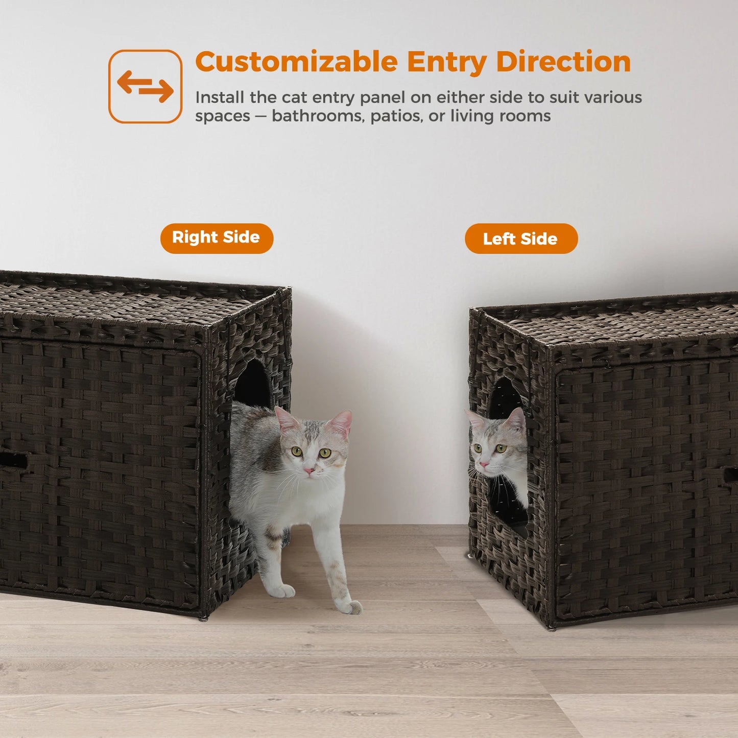 MyPawbloom rattan cat litter box enclosure with a taller doorway, providing a stylish and functional hiding space for cats.