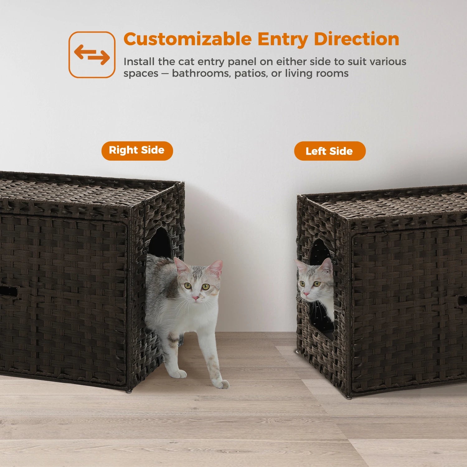 Rattan cat litter box enclosure by mypawbloom with taller doorway, stylish natural rattan design and spacious interior for cats.