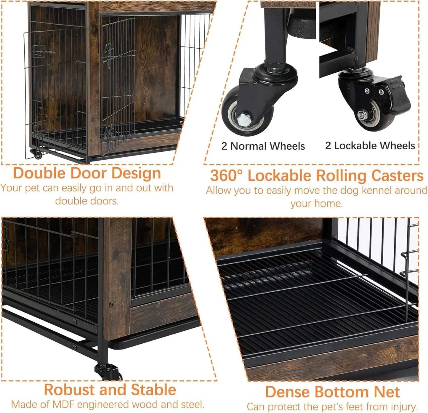 Rustic dog crate furniture with wheels by mypawbloom, featuring a sturdy wooden design and mobile convenience for pet comfort.