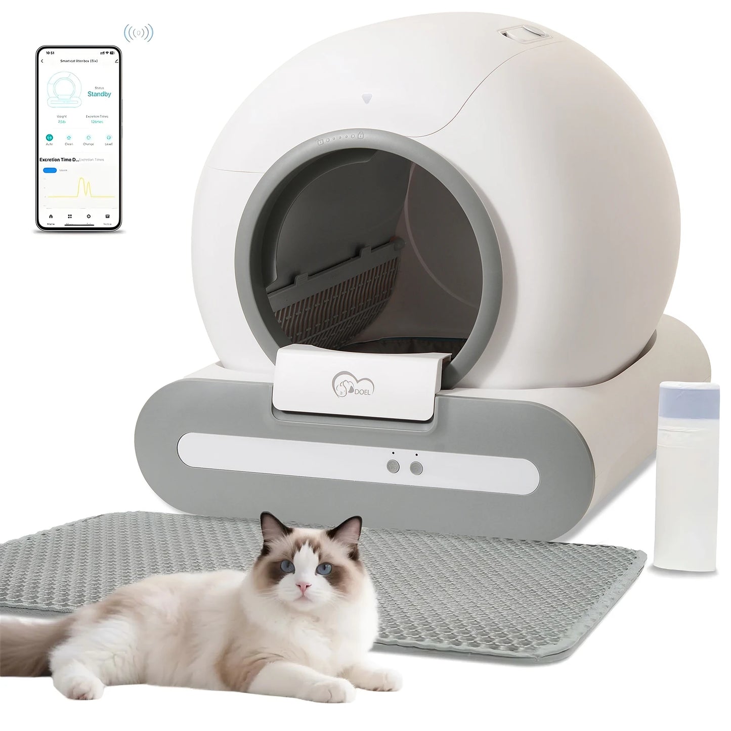 mypawbloom DOEL 65L self-cleaning cat litter box with app control, featuring sleek design and 2.4G WiFi connectivity.