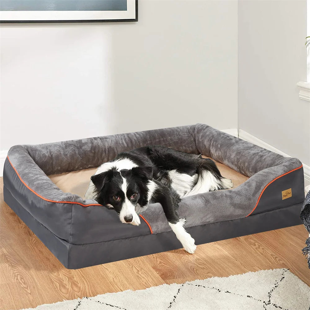 Large orthopedic dog bed with memory foam and removable cover by mypawbloom, featuring plush fabric and supportive cushioning.