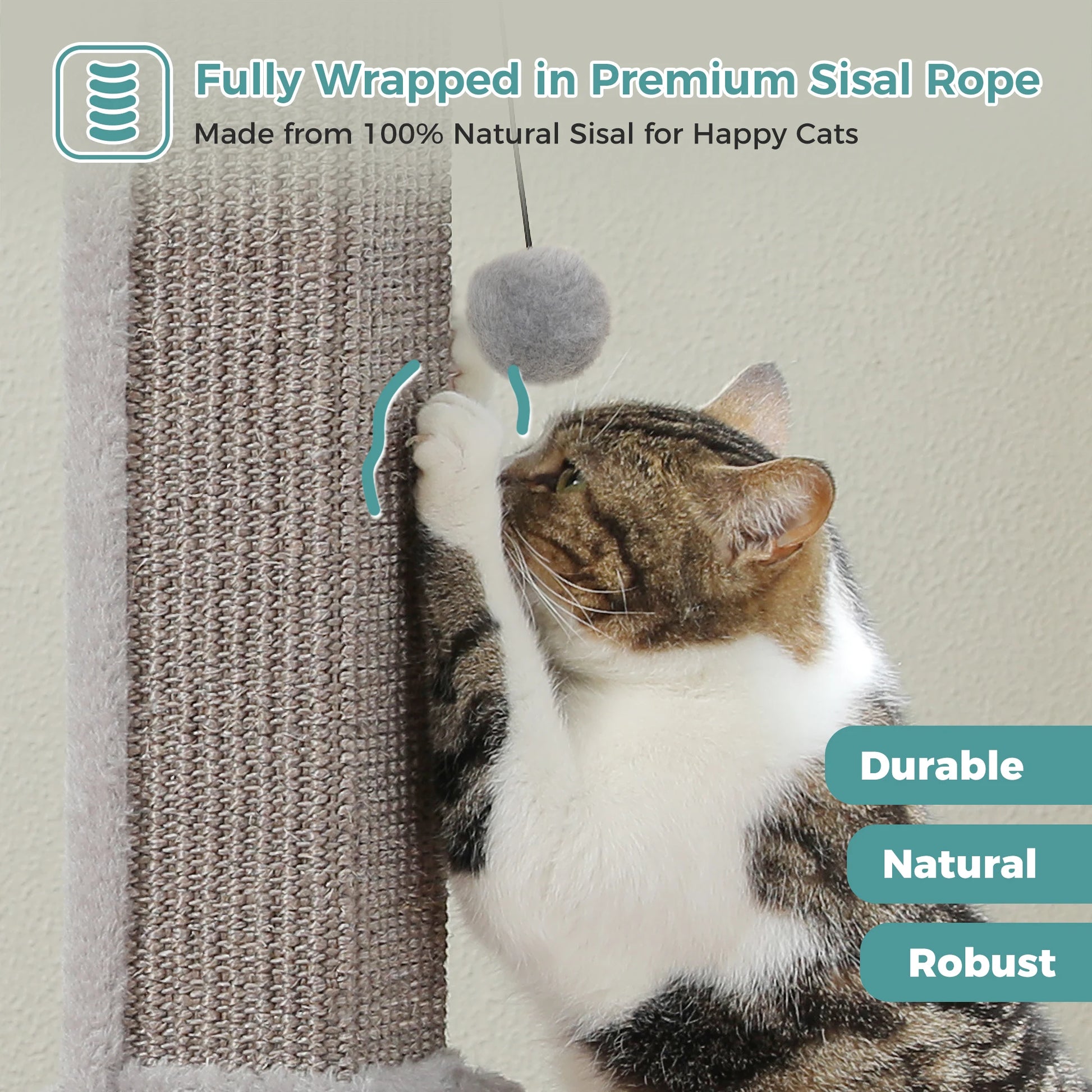 Large mypawbloom cat scratching post with sisal scratching surface and cozy top perch for cats to lounge and stretch.