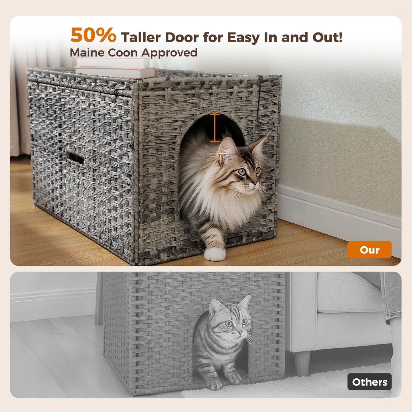 Rattan cat litter box enclosure by mypawbloom with a taller doorway, providing a stylish and private space for cats.