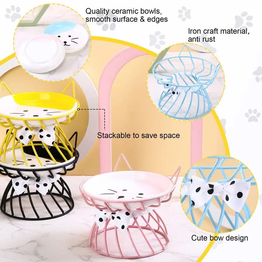 Elevated ceramic cat feeder set with 4 bowls on a metal stand, ideal for comfortable feeding of cats by mypawbloom.