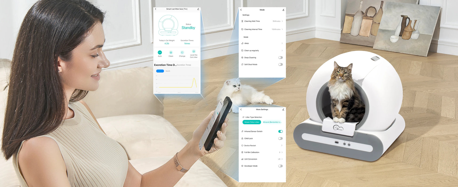 MyPawbloom DOEL 65L self-cleaning cat litter box with app control, supports 2.4G WiFi, featuring a spacious design for easy cleaning
