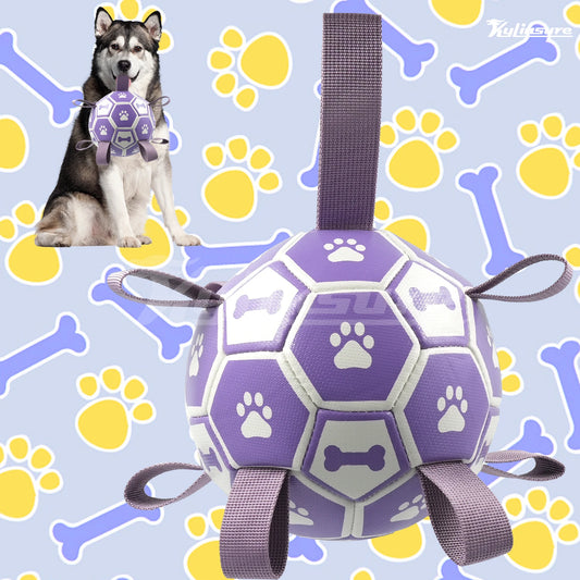 Interactive dog toy soccer ball with straps by mypawbloom, designed for playful dogs to chew and fetch outdoors.