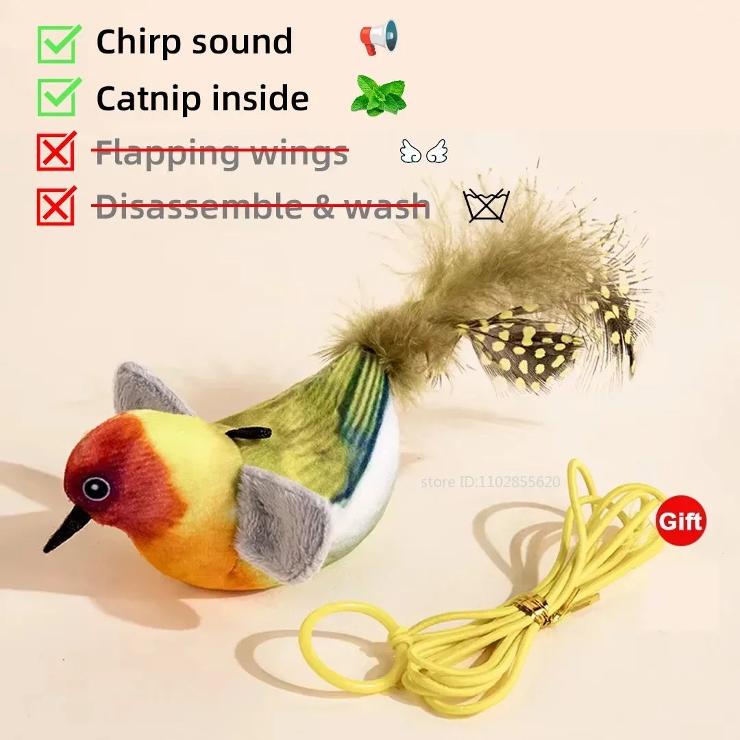 Rechargeable chirping flapping bird plush toy for cats by mypawbloom, touch-activated squeak and catnip inside.