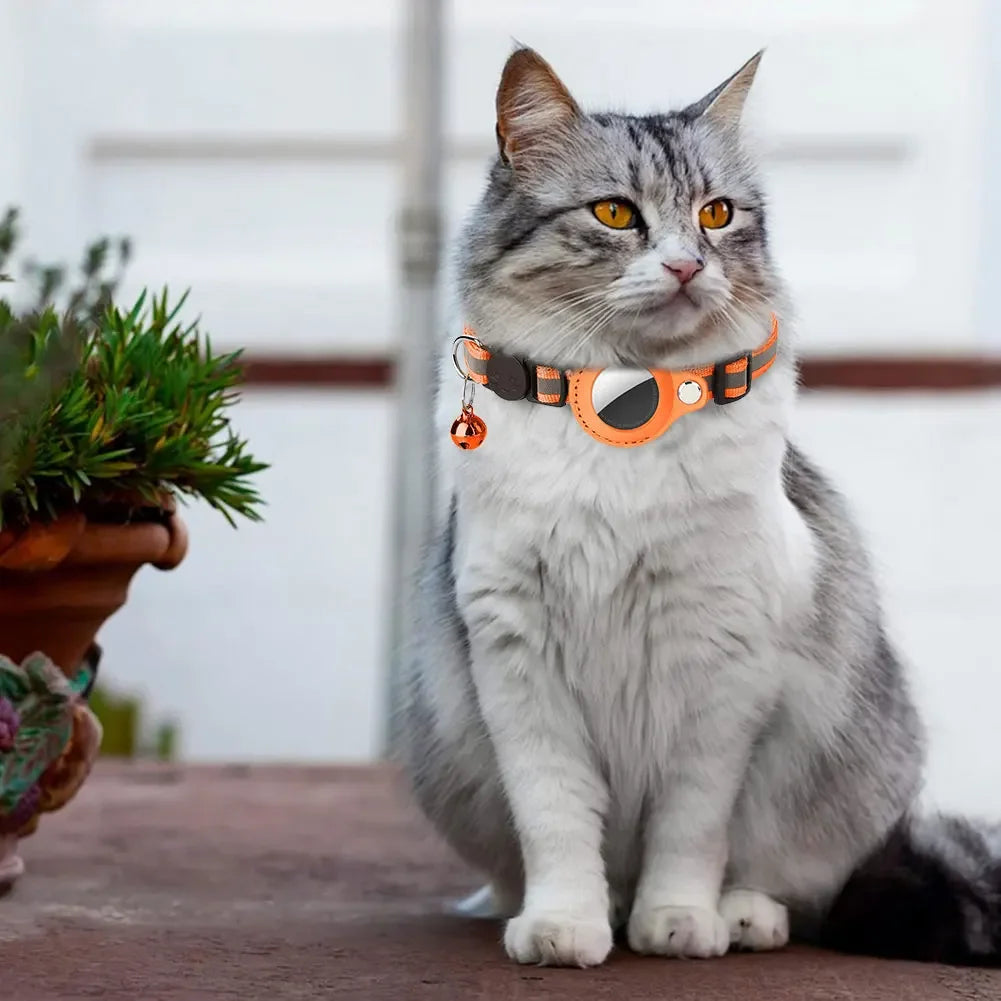 Reflective cat collar with Apple AirTag holder by mypawbloom, featuring a safety reflective strip and adjustable design.