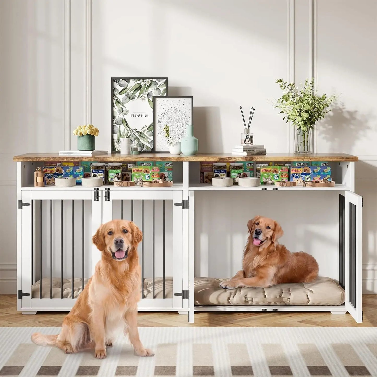 Mypawbloom 72-inch dog crate furniture designed for two dogs, featuring a stylish wooden design with doors and ventilation.