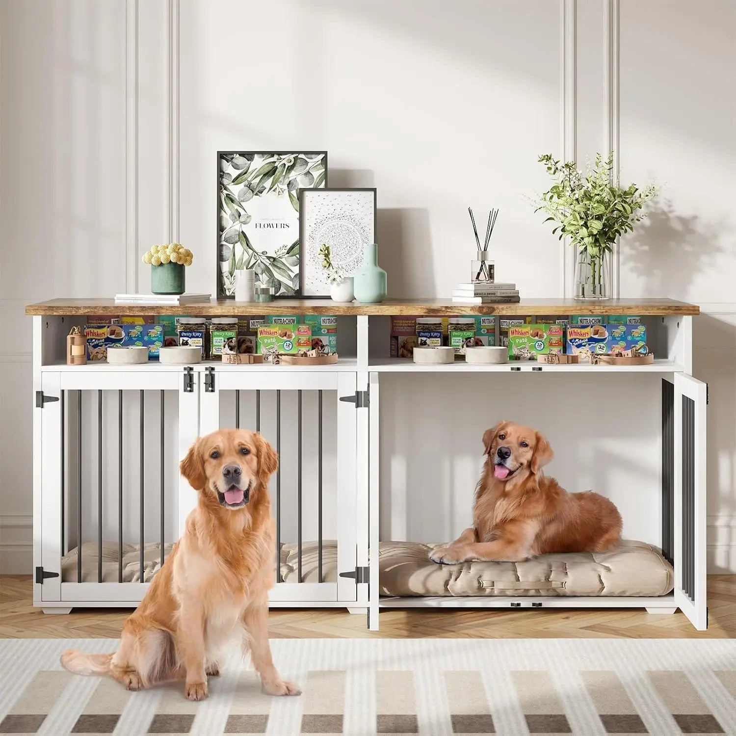 Mypawbloom 72-inch dog crate furniture designed for two dogs, featuring a stylish wooden design with doors and ventilation.