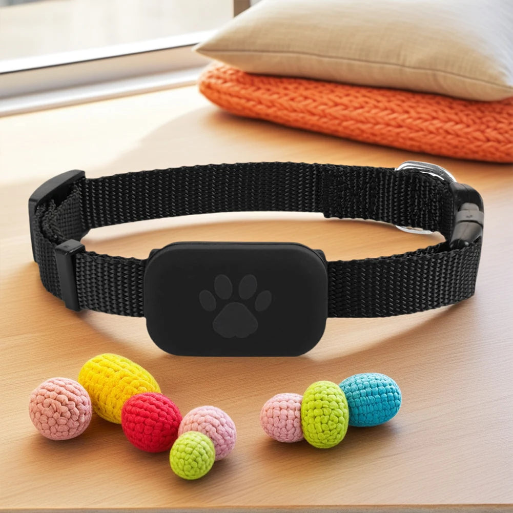 Mypawbloom pet GPS tracker attached to adjustable collar, showing device and collar close-up for pet safety and location tracking.
