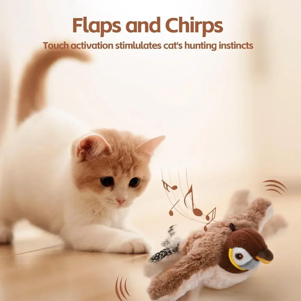 Rechargeable chirping and flapping plush bird toy for cats with catnip, touch-activated squeak, by mypawbloom