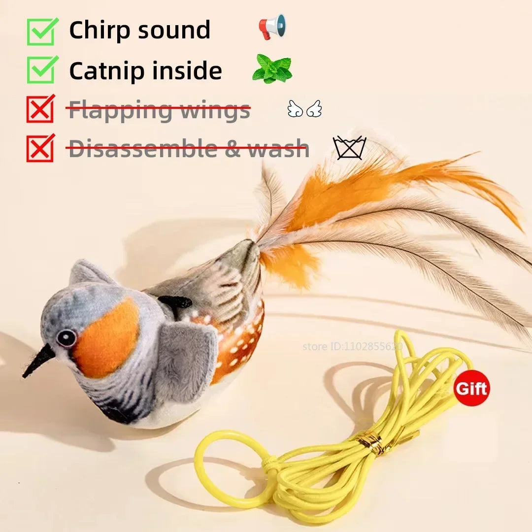 MyPawbloom rechargeable plush bird toy for cats with chirping, flapping, and squeak features, touch-activated and infused with catnip.