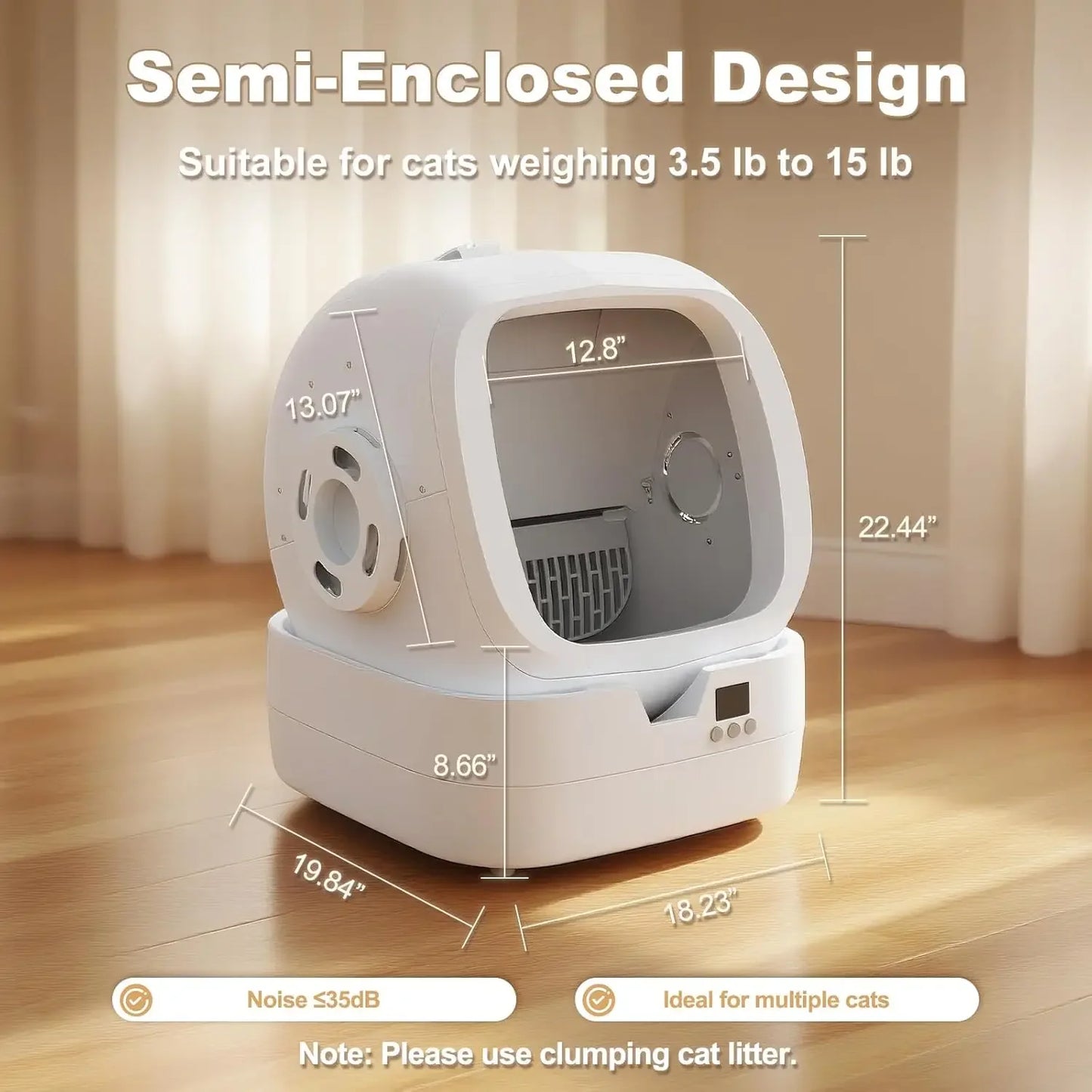 MyPawbloom automatic cat litter box with self-cleaning function, app control, and weight monitoring, showing the sleek litter box design.