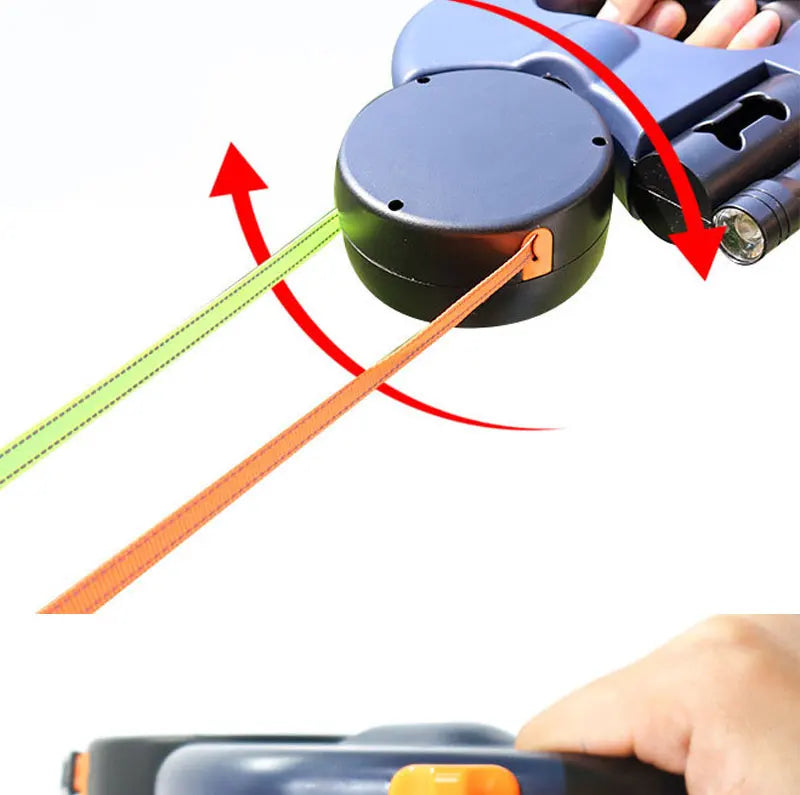 MyPawBloom 3-in-1 retractable dog leash with double heads, flashlight, and poop bag dispenser, shown in use with a dog.