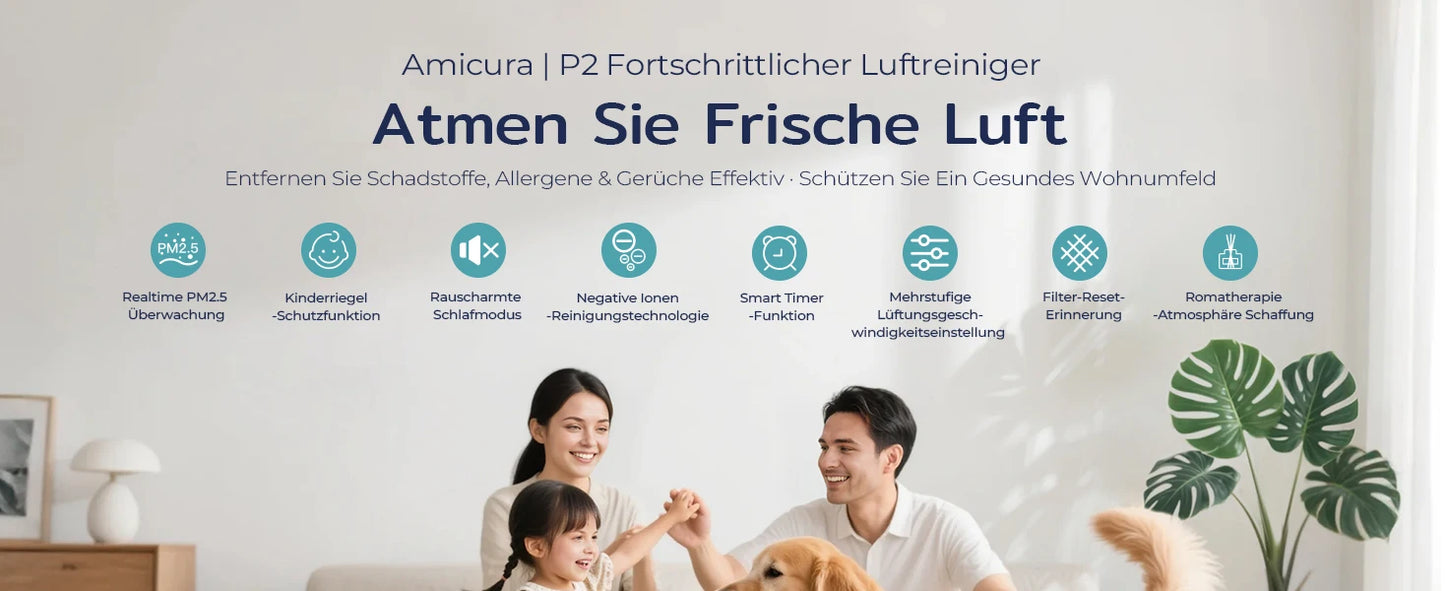 mypawbloom Amicura P2 air purifier designed for pet allergy sufferers, shown in a modern home setting with clean air.