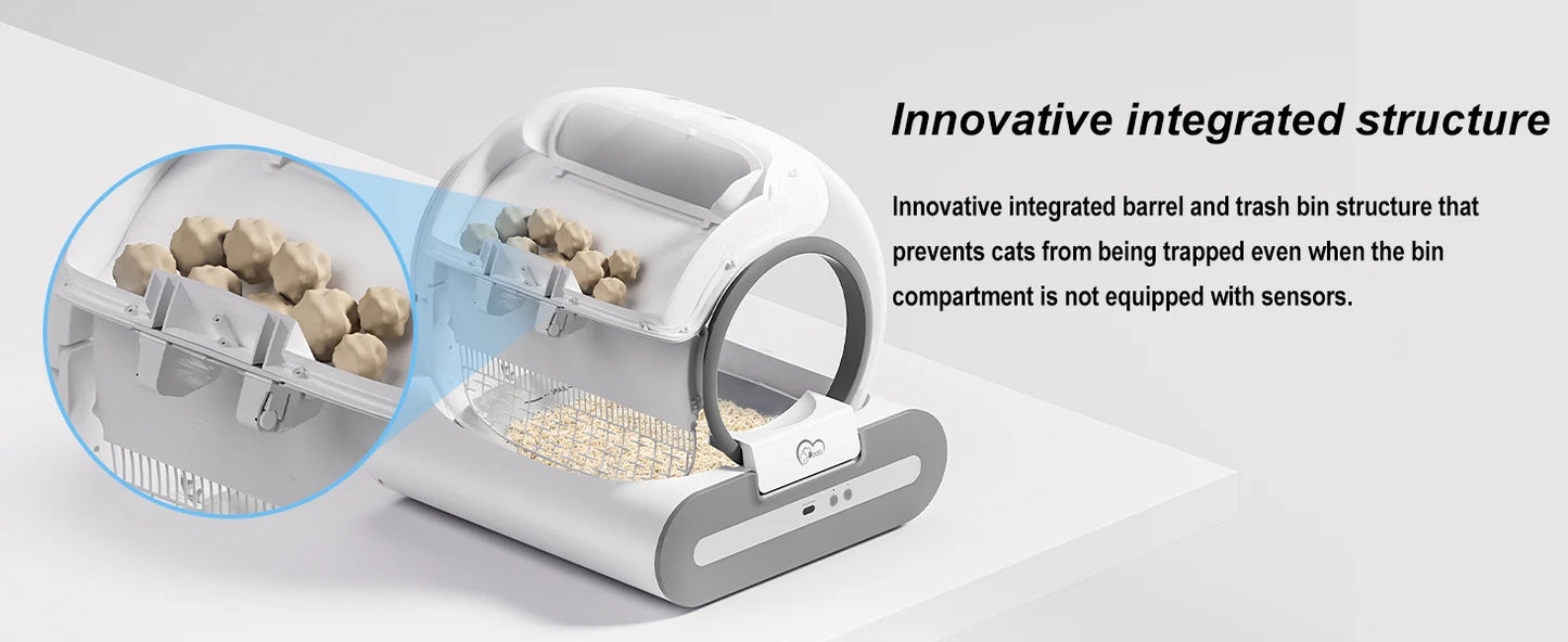 mypawbloom DOEL 65L self-cleaning cat litter box with app control, featuring sleek design and 2.4G WiFi connectivity.