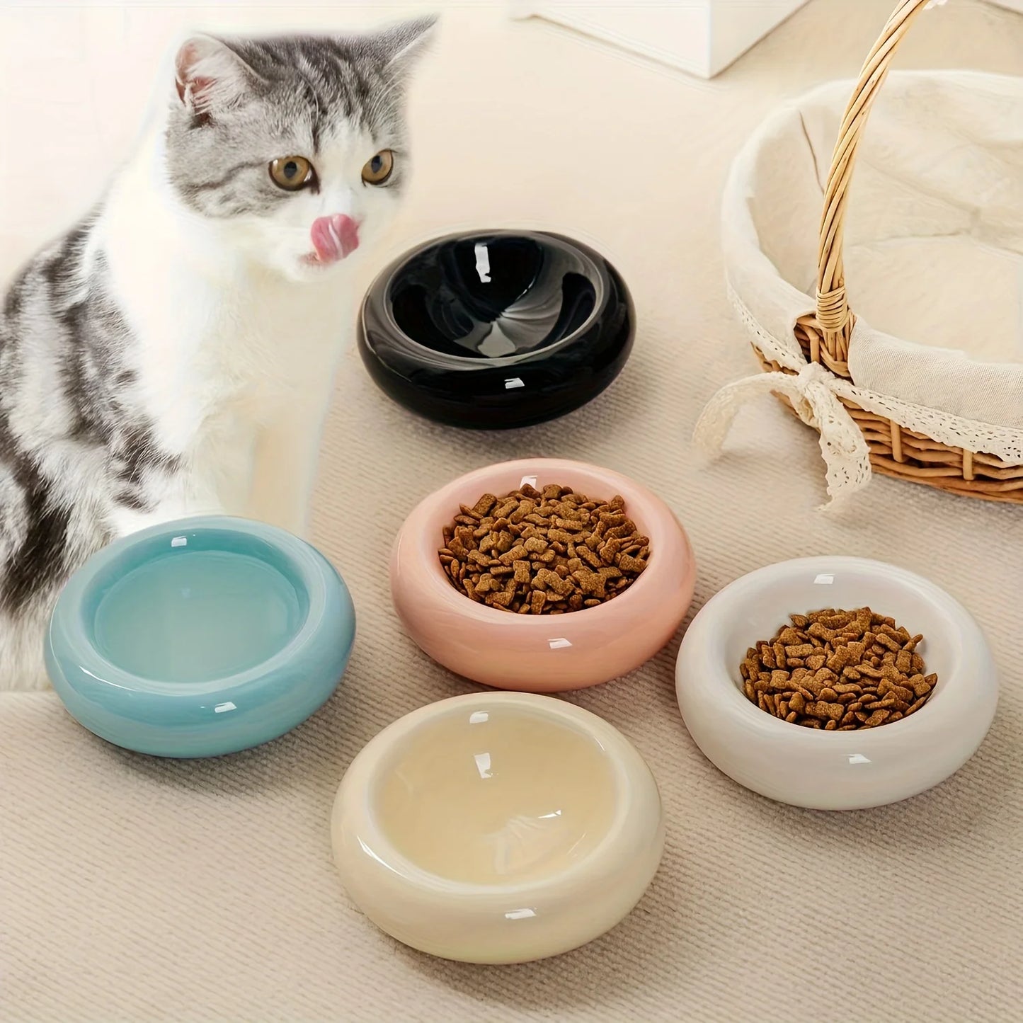 Ceramic donut-shaped cat bowl by mypawbloom, featuring a round, colorful design perfect for feline feeding.