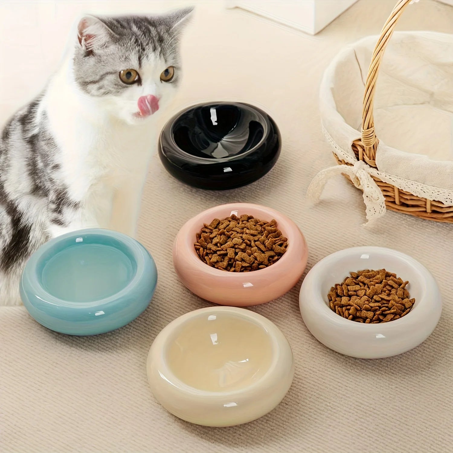 Ceramic donut-shaped cat bowl by mypawbloom, featuring a round, colorful design perfect for feline feeding.