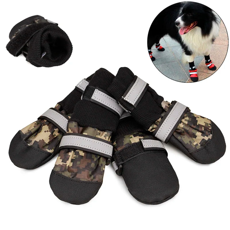 Waterproof, anti-slip camouflage high shoes for large and medium dogs by mypawbloom, showing the durable, stylish footwear on a dog.