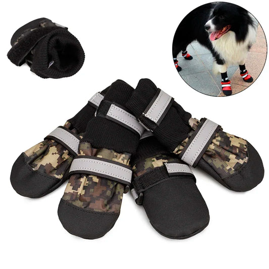 Waterproof, anti-slip camouflage high shoes for large and medium dogs by mypawbloom, showing the durable, stylish footwear on a dog.