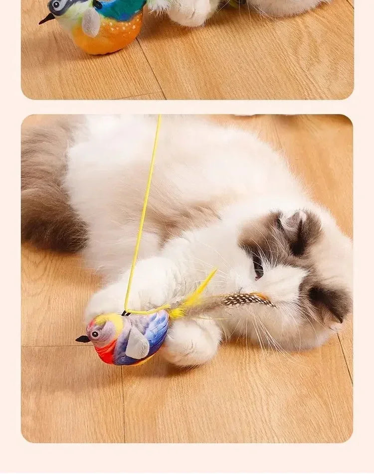 MyPawbloom rechargeable plush bird toy for cats with chirping, flapping, and squeak features, touch-activated and filled with catnip.