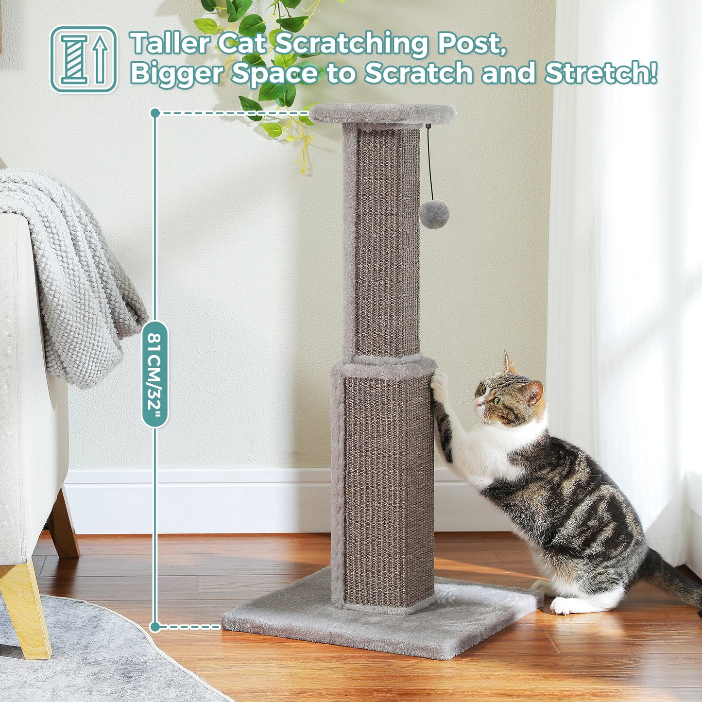 Large mypawbloom cat scratching post with sisal rope, multiple platforms, and cozy hideaway for cats to scratch and relax.
