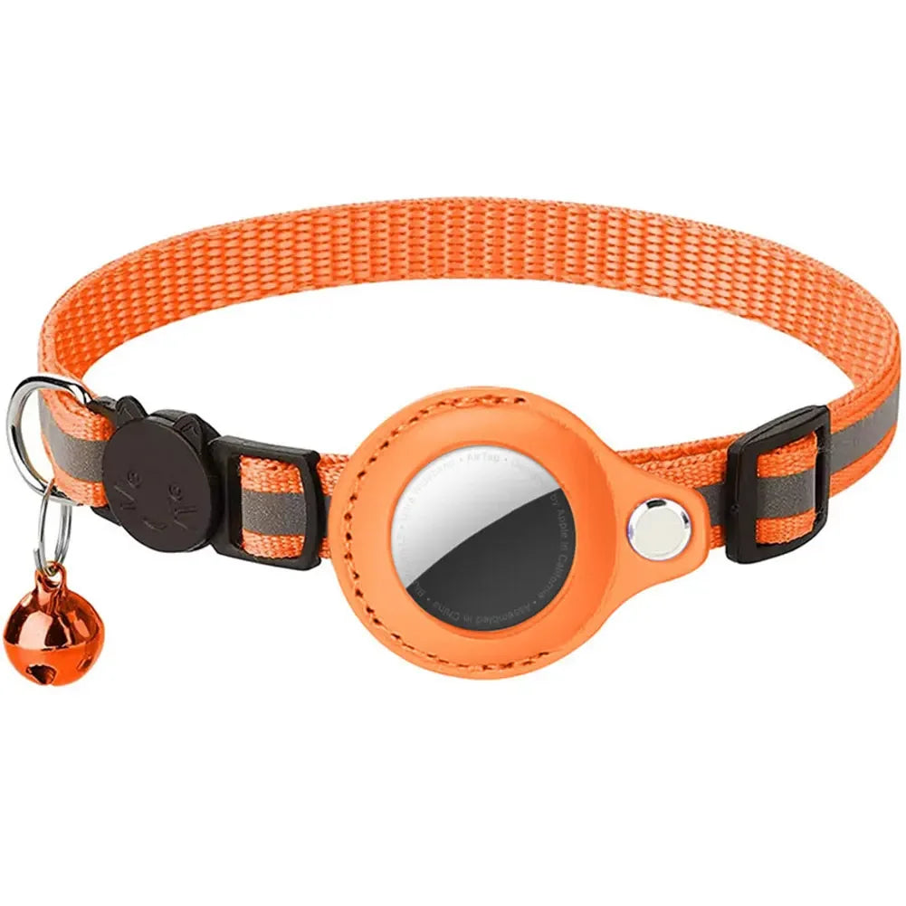 Reflective cat collar with Apple AirTag holder in vibrant colors, designed for visibility and safety for pets.