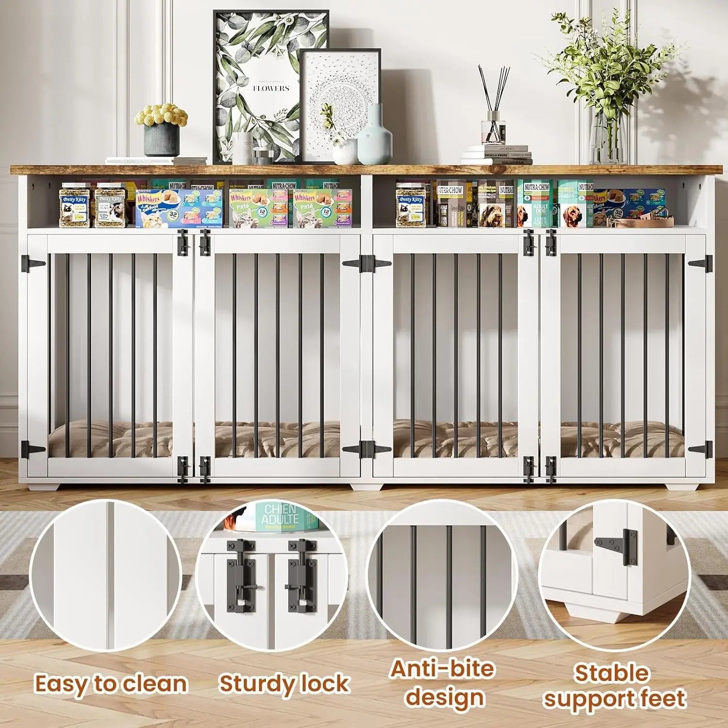 Mypawbloom 72-inch dog crate furniture for two dogs, stylish wooden design with open door and spacious interior.