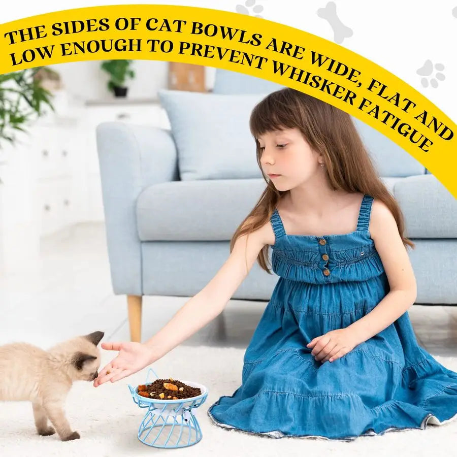 Set of four elevated ceramic cat bowls with metal stand for feeding, by mypawbloom, designed for easy access and stylish dining.