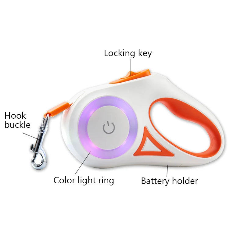 Automatic retractable dog leash with LED flashlight by mypawbloom, showing the leash extended with built-in light for night walks.