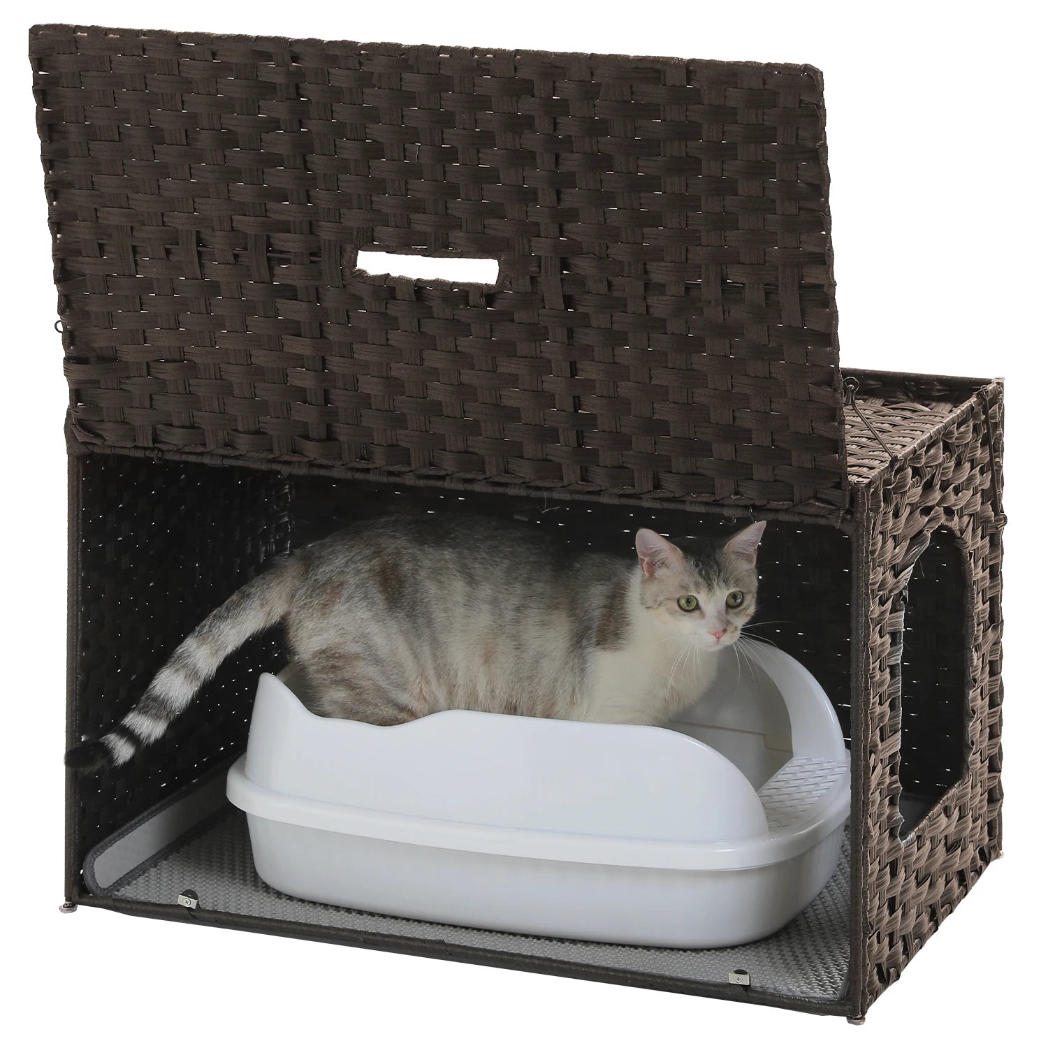 Rattan cat litter box enclosure with taller doorway by mypawbloom, showing natural woven rattan design and spacious interior.