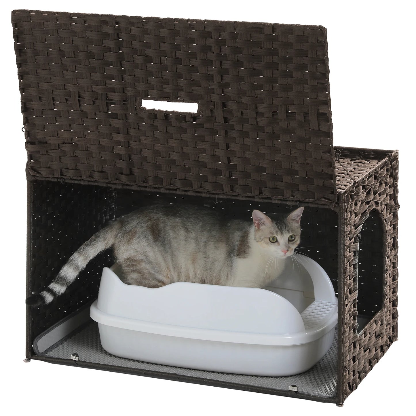 Rattan cat litter box enclosure by mypawbloom with tall doorway for easy access and stylish natural wood appearance.