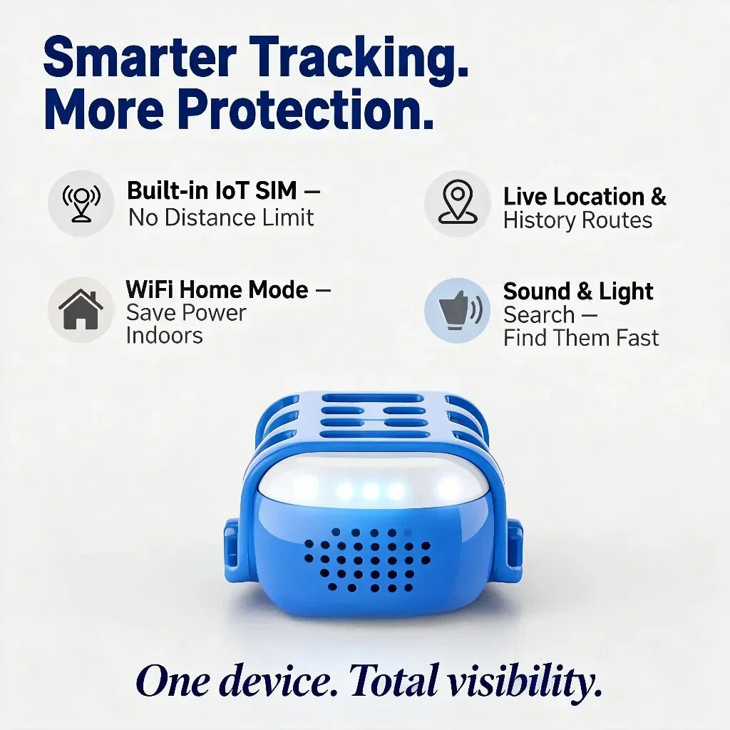 GPS pet tracker for dogs and cats by mypawbloom showing the compact device with built-in IoT SIM and WiFi connectivity.