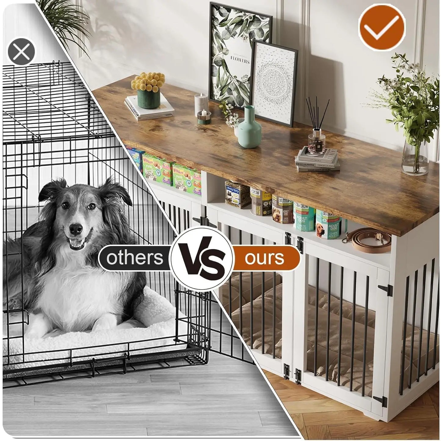 Mypawbloom 72-inch dog crate furniture for two dogs, stylish wooden design with two doors and spacious interior.
