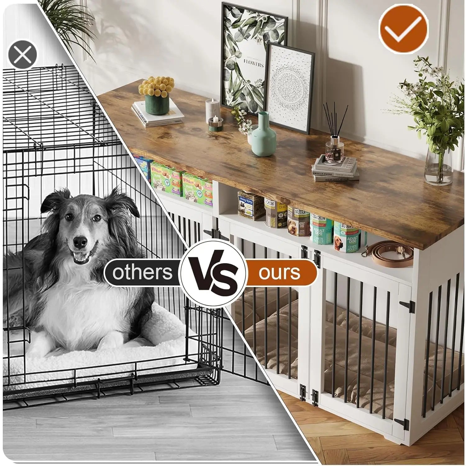 Mypawbloom 72-inch dog crate furniture for two dogs, stylish wooden design with two doors and spacious interior.