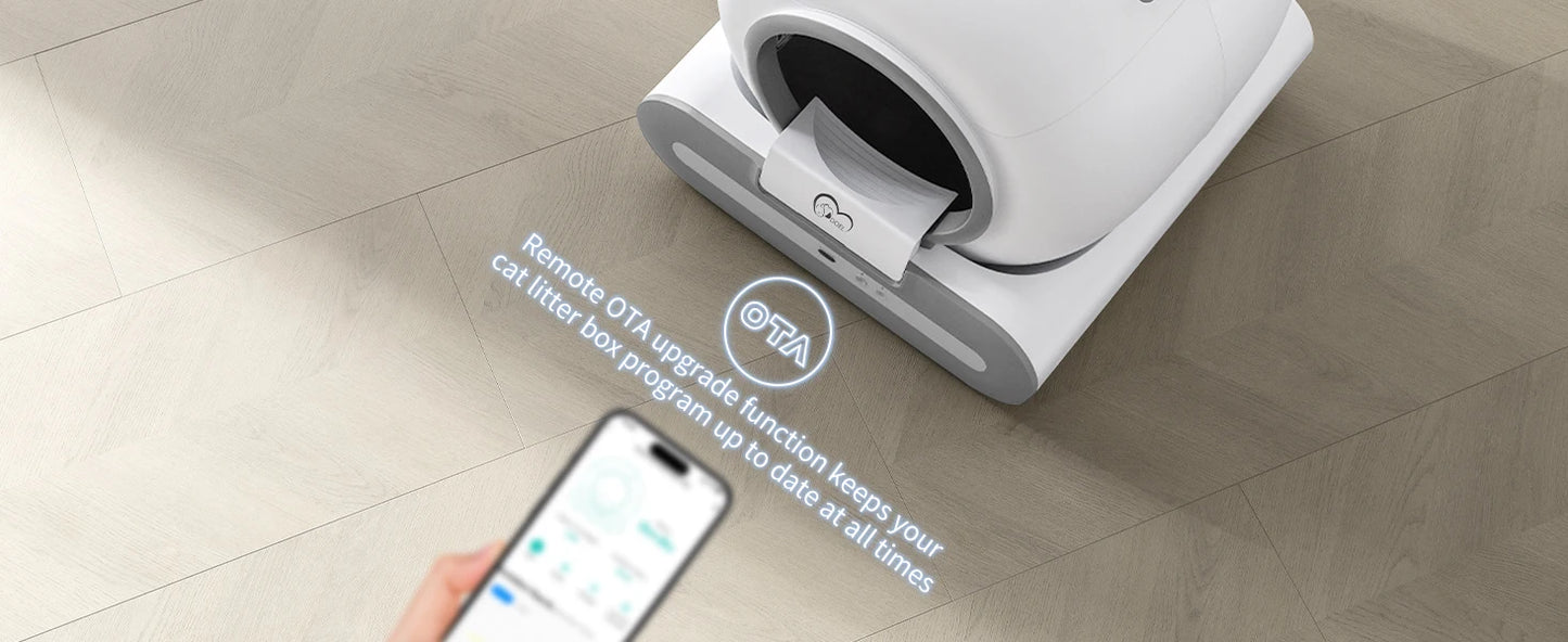 Mypawbloom DOEL 65L self-cleaning cat litter box with app control, featuring modern design and 2.4G WiFi connectivity.