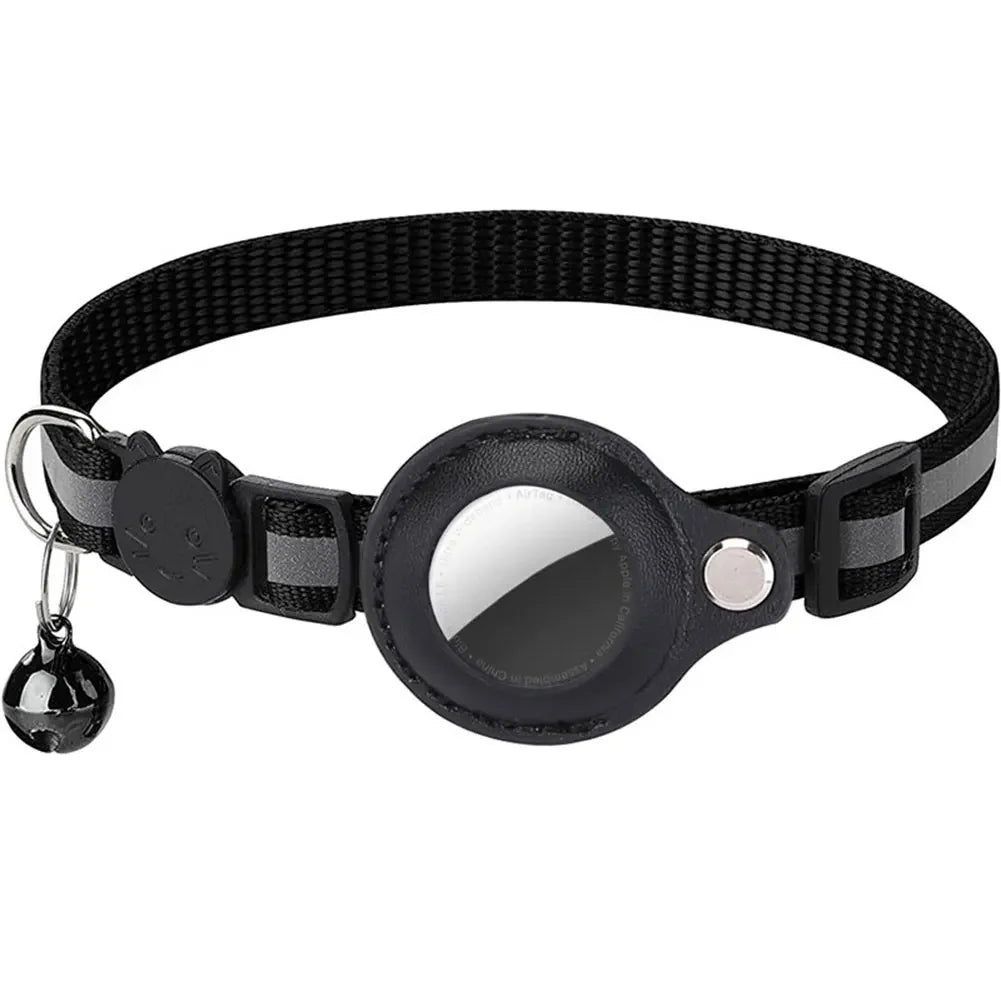 Reflective cat collar with Apple AirTag holder from mypawbloom, featuring a secure buckle and reflective strip for visibility.