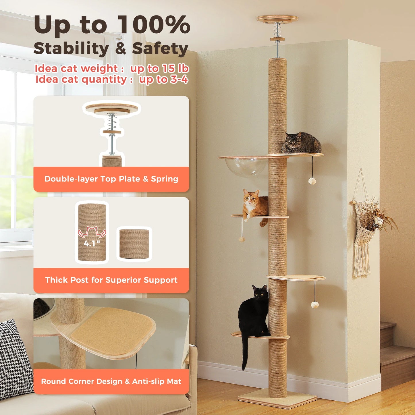 Adjustable height floor to ceiling cat tree by mypawbloom with multiple platforms and cozy resting spots for indoor cats.