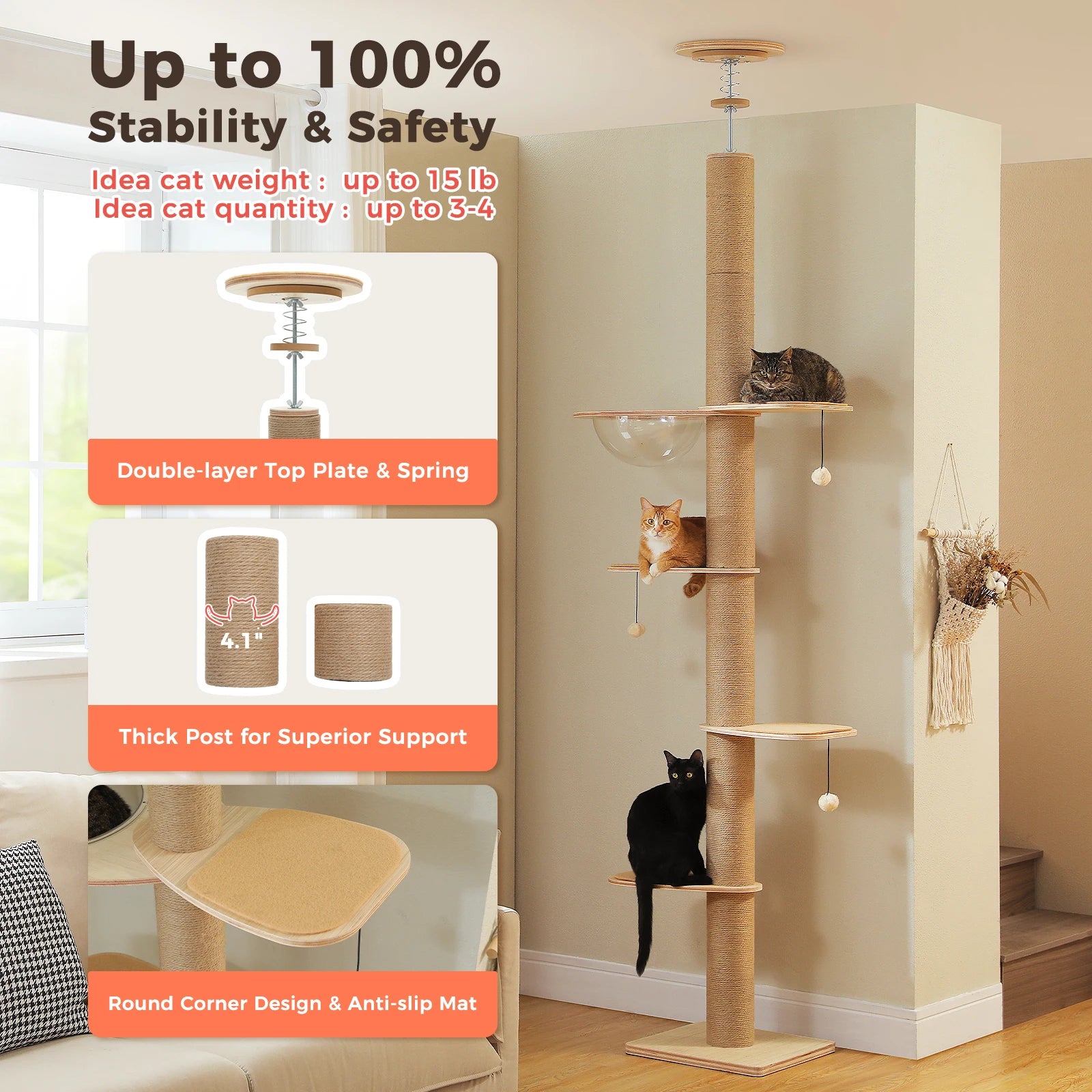 Adjustable height floor to ceiling cat tree by mypawbloom with multiple platforms and cozy resting spots for indoor cats.