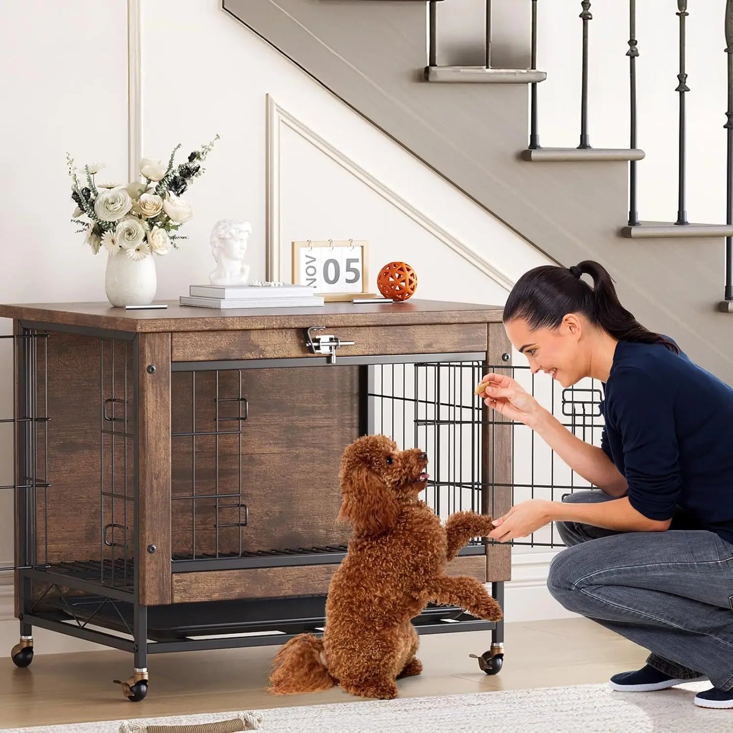 Rustic dog crate furniture with wheels by mypawbloom, featuring a wooden design and metal handle for easy mobility.