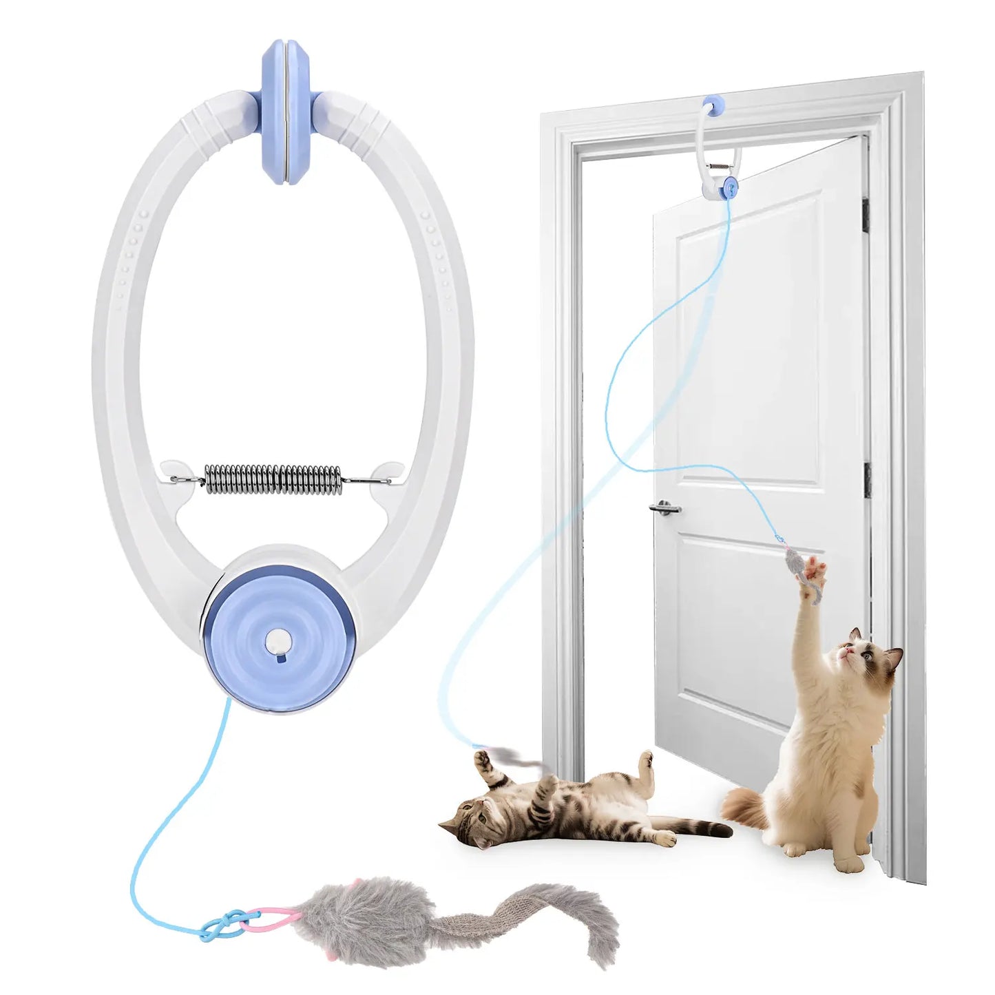 Electric hanging cat toy by mypawbloom with interactive door-mounted design, featuring colorful moving parts to entertain cats.
