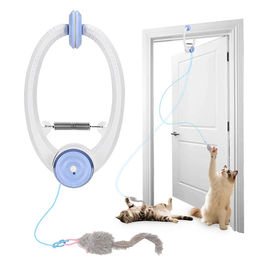 Electric hanging cat toy by mypawbloom with interactive door-mounted design, featuring colorful moving parts to entertain cats.