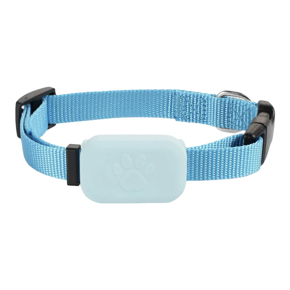 Pet GPS tracker with adjustable collar from mypawbloom, showing the device attached to a colorful pet collar.